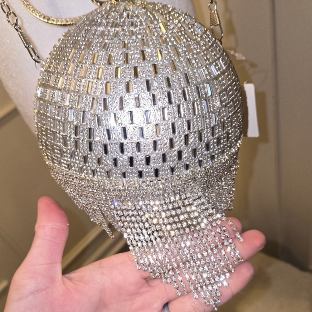 NWT Natasha Couture Silver Glass Crystal Orb Clutch - Picture 4 of 8
